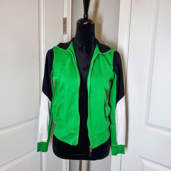 Chaps Stretchy Cotton Green and Black Zip-Up Sweat Jacket 70s Track Jacket EUC - Picture 15 of 16